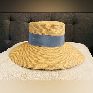 Helen Kaminski Makeda Natural Raffia Sun Hat with Coastal Blue Band